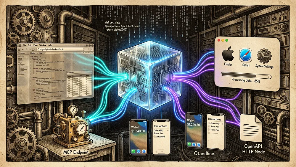 Ein detailliertes futuristisches Systemarchitektur-Diagramm, gerendert als dunkles Cyberpunk-Hologramm: ein zentraler leuchtender Server-Kern, der ein Ruby-on-Rails-Backend darstellt, verbunden durch Neon-Datenströme mit einem Webbrowser-Fenster, einer macOS-Desktop-Hülle, einer iOS/Android-Begleit-App, einem MCP-Endpunktknoten und einem OpenAPI-HTTP-Knoten, jeder Client dargestellt als elegantes durchscheinendes Gerät oder Interface-Panel, mit gemeinsamer Authentifizierung und Finanzdaten, die zwischen ihnen fließen, der zentrale Server als kristalliner Würfel mit Schaltkreismustern dargestellt, während die Verbindungen in Cyan, Blau und Violett pulsieren, Hintergrund einer dunklen Serverumgebung mit abstraktem Code-Regen und dezenter isometrischer Tiefe, ultra-detailliert, technisch, filmisch, 8K