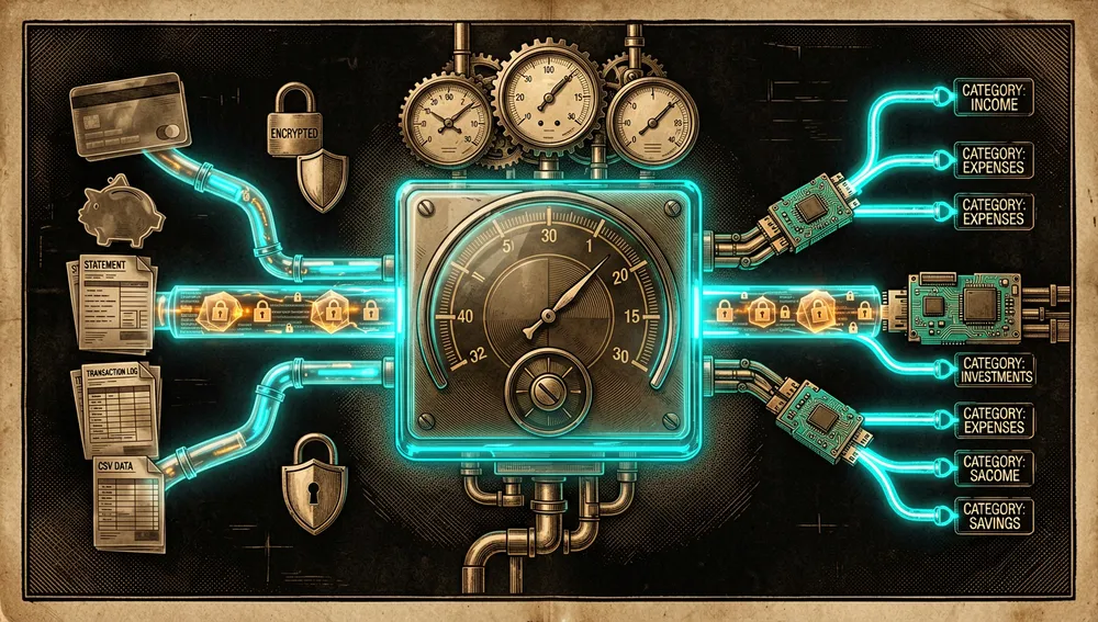 Ein Cyberpunk-Bild im dunklen Modus, das Banksynchronisation und den Import von Finanzdaten illustriert: durchscheinende Bank-Icons, Kontoauszugsdokumente, CSV-Tabellen und OFX-Dateiglyphen fließen durch eine sichere Neon-Pipeline in ein zentrales Finanz-Dashboard, die Pipeline dargestellt durch leuchtende Leitungen und verschlüsselte Datenpakete, mit kleinen Schloss-Icons und Datenschutzschilden in der Nähe schwebend, auf einer Seite erscheinen abstrakte Drittanbieter-Sync-Brücken als modulare Konnektoren, auf der anderen Seite werden Transaktionen automatisch durch intelligente Regeln kategorisiert, dargestellt als verzweigende Lichtpfade, tiefschwarzer Hintergrund, neon-cyanfarbene und bernsteinfarbene Akzente, Glaspanels, volumetrisches Glühen, ultra-detailliert, 8K