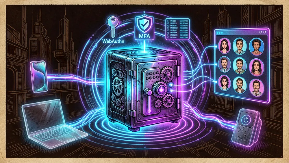 Ein elegantes dunkles Cyberpunk-Sicherheitsbild, das den Schutz persönlicher Finanzdaten zeigt: ein leuchtender digitaler Tresor im Zentrum, umgeben von schwebenden Passkey-Icons, WebAuthn-Schlüsselringen, MFA-Schilden, verschlüsselten Transaktionsaufzeichnungen und einem Familienfreigabe-Portal mit mehreren Nutzer-Avataren, der Tresor emittiert konzentrische Lichtringe, die geschichtete Authentifizierung und Privatsphäre suggerieren, kleine durchscheinende Geräte — Telefon, Laptop und Smart-Home-Hub — verbinden sich mit dem Tresor über sichere Neon-Kanäle, die Gesamtstimmung ist vertrauenswürdig, privat und technisch fortschrittlich, dunkler Hintergrund, neon-blaue und violette Akzente, ultra-detailliert, filmische Beleuchtung, 8K
