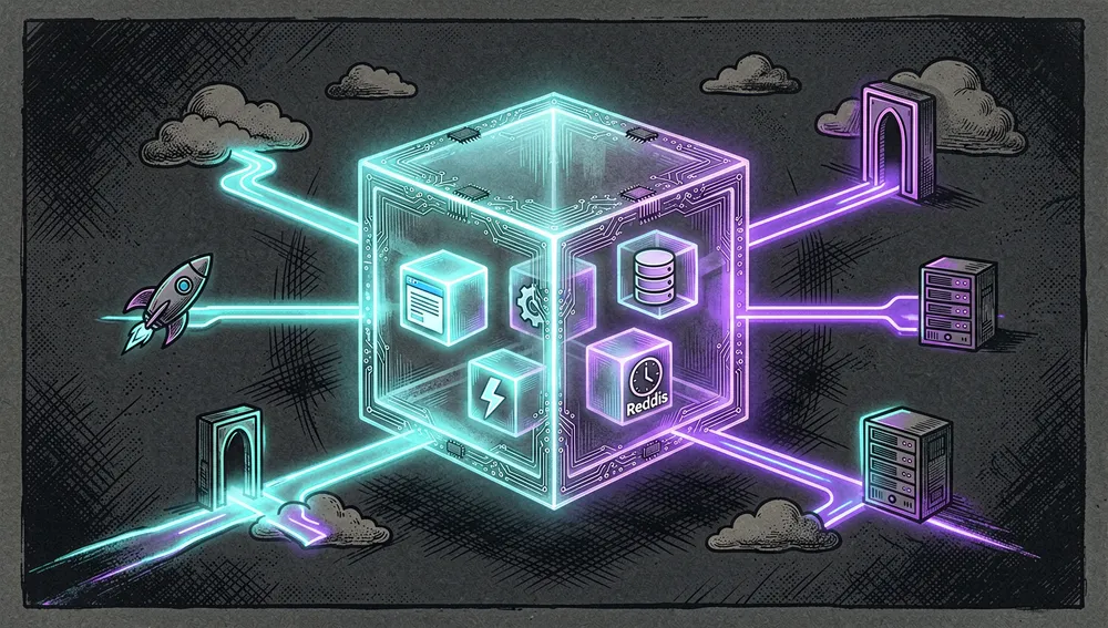 Ein Konzeptbild für Selfhosting-Deployment im dunklen Modus: ein einzelner leuchtender Docker-Container in Form eines eleganten durchscheinenden Würfels, sitzend auf einem futuristischen lokalen Netzwerk-Hub, im Inneren des Würfels sind Miniaturdienste sichtbar — Web-App, Hintergrund-Worker, PostgreSQL-Datenbank, Redis-Cache und Backup-Planer — jeweils dargestellt durch kleine leuchtende Komponenten, drumherum verzweigen sich Ein-Klick-Deployment-Pfade als Neon-Buttons oder -Portale, gekennzeichnet durch abstrakte Cloud-, Raketen- und Server-Icons, ohne lesbaren Text, die Szene suggeriert Einfachheit, Kontrolle und einfache Installation, kohleschwarzer Hintergrund, cyanfarbenes und elektrisch-violettes Licht, Glassmorphism, detaillierte Schaltkreise, volumetrisches Glühen, 8K