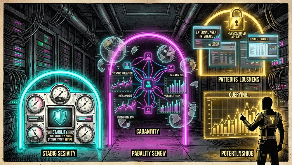 Ein zukunftsgerichtetes Cyberpunk-Roadmap-Bild, das drei Phasen der Evolution einer Finanzplattform zeigt: Stabilisierung, Erweiterung der Fähigkeiten und Plattformöffnung, Phase eins dargestellt durch ein stabiles Kern-Dashboard mit Schild- und Performance-Messgerät-Icons, Phase zwei durch KI-Assistentenknoten, Szenariosimulationsdiagramme und Lokalisierungs-Globusfragmente, Phase drei durch externe Agenten-Schnittstellen, Geschäftsfinanzmodule und berechtigte API-Tore, die drei Phasen erscheinen als aufsteigende Neonbögen oder holografische Stufen in einem dunklen Serverraum, mit einer KI-Agenten-Silhouette, die sanft einen Finanzgraphen abfragt, dunkler Hintergrund, cyanfarbene, magentafarbene und goldene Akzente, ultra-detailliert, filmisch, 8K