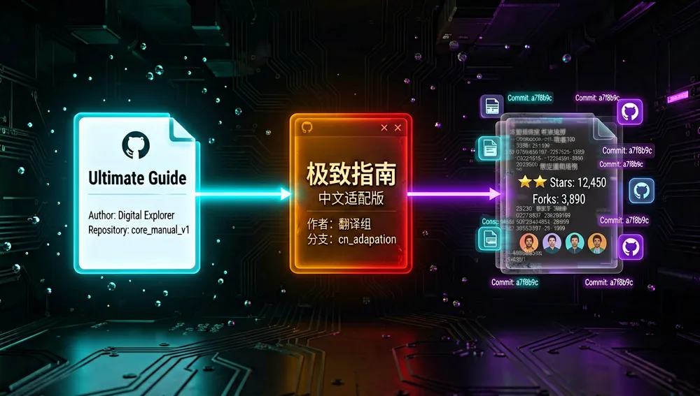 Una visualización cyberpunk oscura de linaje de repositorio y procedencia digital, ultra detallada 8K, tres nodos de repositorio brillantes estilo GitHub flotan en un espacio de red negro, conectados por hilos de línea de tiempo luminosos, el primer nodo es una guía original en inglés, representada por un documento blanco-azul brillante con una insignia de autor y una pequeña etiqueta «Ultimate Guide», el segundo nodo es una adaptación china, brillando en ámbar y rojo cálido, con tipografía china y una flecha de fork conectando de vuelta al original, el tercer nodo es una copia espejo, mostrada como un duplicado ligeramente translúcido del repositorio chino, con firmas de commits, conteos de estrellas, conteos de forks e insignias de contribuidores flotando alrededor, hashes de commit neón, líneas de rama e iconos de issues orbitan los nodos, el ánimo visual es investigativo y arqueológico, como rastrear el origen de un artefacto digital, incluye insignias sutiles, iconos de repositorio y una línea de tiempo desde el original en inglés hasta el fork chino hasta la copia espejo, todo en modo oscuro con acentos neón cian, ámbar y violeta