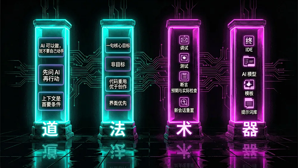 Una detallada ilustración conceptual en modo oscuro de un marco filosófico de cuatro niveles inspirado en Dao, Fa, Shu y Qi, renderizado como un templo tecnológico chino cyberpunk, cuatro pilares holográficos verticales se elevan desde un suelo negro reflectante, cada uno etiquetado con un carácter chino brillante: 道, 法, 术, 器, el pilar superior, Dao, contiene principios flotantes como «si la IA puede hacerlo, no lo hagas a mano», «pregúntale primero a la IA», y «el contexto es primordial», el segundo pilar, Fa, muestra tarjetas de método con frases como «objetivo en una frase», «no-objetivos», «reutilizar antes de escribir», e «interfaz primero», el tercer pilar, Shu, muestra iconos de técnica para depuración, pruebas, aserciones, verificaciones esperado-versus-real, y reinicios de nueva sesión, el cuarto pilar, Qi, contiene siluetas de herramientas: IDE, terminal, modelo de IA, plantilla y biblioteca de prompts, caligrafía china neón y patrones tipo circuito conectan los pilares, el estilo es ultra detallado, 8K, fondo oscuro, resplandor cian y magenta eléctrico, tipografía precisa tipo vector, y una composición simétrica equilibrada