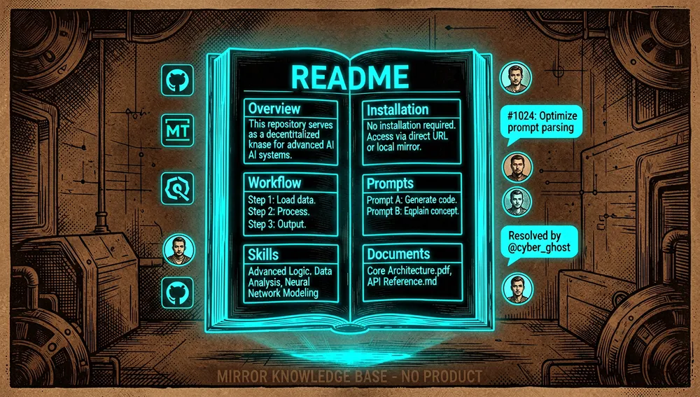 Un héroe documental en modo oscuro para una base de conocimiento «primero de lectura», ultra detallado 8K, una gran página README holográfica domina la escena, con secciones tituladas «Overview», «Installation», «Workflow», «Prompts», «Skills» y «Documents», la página no se instala como software; en cambio, flota como un libro digital abierto, sin binario, sin canal de paquete y sin insignia de marketplace, alrededor pequeños iconos representan licencia MIT, sin releases, sin soporte de vendor, sin estándar oficial, y contenido mantenido por la comunidad, un panel secundario muestra una interfaz de lector en línea asistida por IA mostrando el repositorio en una interfaz oscura limpia, avatares de contribuidores, hilos de issues e iconos de estrella orbitan la página, mientras una marca de agua sutil enfatiza que el repositorio es un espejo y base de conocimiento en lugar de un producto, la imagen debe sentirse precisa, editorial y cyberpunk, con negros profundos, resaltados neón cian, y tipografía ultra detallada