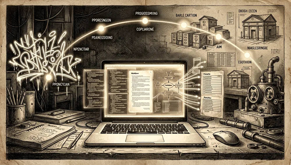 Eine dunkle Cyberpunk-Illustration des Ursprungs von BMAD-METHOD, die einen einzelnen Entwicklerarbeitsplatz zeigt, der sich zu einer strukturierten KI-Agenten-Methodik entwickelt, im Vordergrund emittiert ein Laptop-Terminal holografischen Code, Markdown-Dateien und ein Workflow-Diagramm, das sich zu einem leuchtenden Projektplan erweitert, dahinter bogt sich eine schwache historische Zeitleiste durch die Szene mit abstrakten Meilenstein-Markierungen, einem Repository, das von einem persönlichen Konto zu einer Organisation wechselt, und frühen Commits, dargestellt als leuchtende Knoten, die visuelle Stimmung ist präzise und geerdet, kontrastierend chaotische frühe Programmierexperimente mit einem disziplinierten, planartigen Entwicklungsprozess, enthält dezente Referenzen auf „Anti-Vibe-Coding" durch ein unordentliches Neon-Gekritzel, das durch ein geordnetes Raster aus Dokumenten, Aufgaben und Architekturlinien ersetzt wird, 8K