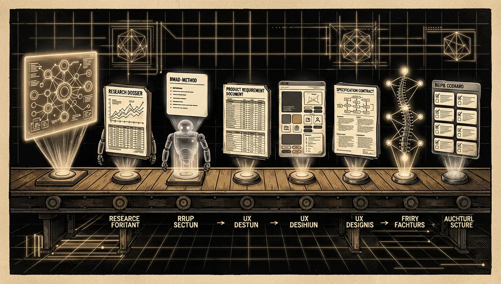 Eine detaillierte Cyberpunk-Visualisierung des BMAD-METHOD-Workflows als Pipeline spezialisierter KI-Skills, die Artefakte produzieren, das Bild zeigt ein horizontales Neon-Förderband durchscheinender Agentenmodule, die durch Phasen wandern: Brainstorming, Ideenschmieden, Tiefenaufklärung, Produkt-Brief, PRD, UX-Design, Spezifikation, Architektur, Epics und Stories, und Sprint-Planung, jedes Modul emittiert ein anderes Dokumentartefakt: eine Brainstorming-Leinwand, ein Forschungsdossier, eine Brief-Karte, ein PRD-Blatt, ein Design-System-Panel, einen Spezifikationsvertrag, eine Architektur-Wirbelsäule, Story-Karten, und ein Sprint-Status-Board, die Artefakte werden als leuchtende holografische Dokumente mit abstrakten Diagrammen, Tabellen und Häkchen gerendert, kein lesbarer Text, die Szene sollte sequenzielle Übergabe, dauerhaften Kontext und menschliche Überprüfungspunkte vermitteln, mit einem dunklen Terminal-Hintergrund, Neon-Raster, 8K