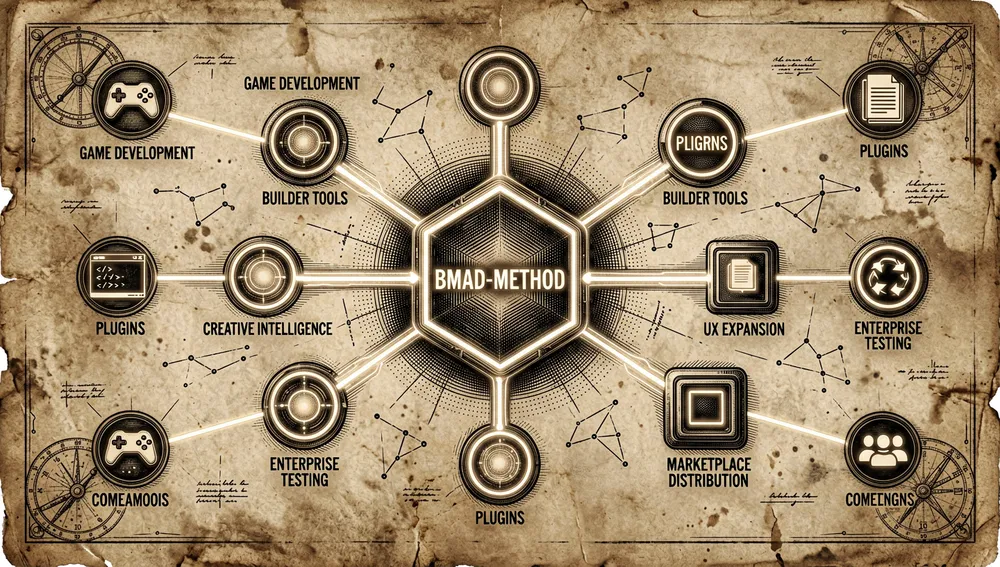 Eine Cyberpunk-Ökosystemkarte, die die offizielle BMAD-Organisation und Community-Erweiterungen als leuchtendes Netzwerk von Repositorys illustriert, der zentrale Knoten ist ein großes leuchtendes Sechseck, das das BMAD-METHOD-Kern-Repository darstellt, umgeben von kleineren Knoten für Module wie Spieleentwicklung, Build-Werkzeuge, kreative Intelligenz, autonome Schleifen, Unternehmenstests, UX-Erweiterung, Plugins und Marktplatz-Distribution, Zweige erstrecken sich nach außen zu Community-Ports, Tutorials und Integrationen, dargestellt durch kleinere leuchtende Satelliten mit abstrakten Icons: Spielesteuerungen, Code-Terminals, Dokumentationsbücher, Workflow-Schleifen und Agententeams, das Visual sollte sich wie ein High-Tech-Abhängigkeitsgraph oder eine Konstellation anfühlen, mit Neon-Verbindungslinien, Sternezählern, und Repository-Metadaten, gerendert als abstrakte leuchtende Balken statt lesbarem Text, 8K