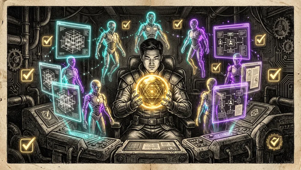 Ein symbolisches dunkles Cyberpunk-Bild, das „menschliche Verstärkung, keine Ersetzung" in der KI-unterstützten Softwareentwicklung ausdrückt, ein menschlicher Entwickler sitzt an einem leuchtenden Kommandopult, nicht durch Maschinen ersetzt, sondern verstärkt durch einen Ring von KI-Agenten, die Fähigkeiten in die Umgebung projizieren: Architekturdiagramme, Test-Harnesses, UX-Flows, Forschungszusammenfassungen und Code-Vorschläge, der Mensch hält eine zentrale Entscheidungskugel, während Agenten darum kreisen, Optionen anbieten, aber auf Genehmigung warten, die Szene sollte Zusammenarbeit, Urteilsvermögen und gemeinsame Verantwortung betonen, keine Automatisierungsüberlastung, enthält dezente Governance-Motive: Überprüfungs-Häkchen, Beitragsrichtlinien, und eine ausgewogene Waage zwischen menschlicher Absicht und KI-Ausführung, Neon-Akzente in Cyan, Violett und Gold, 8K
