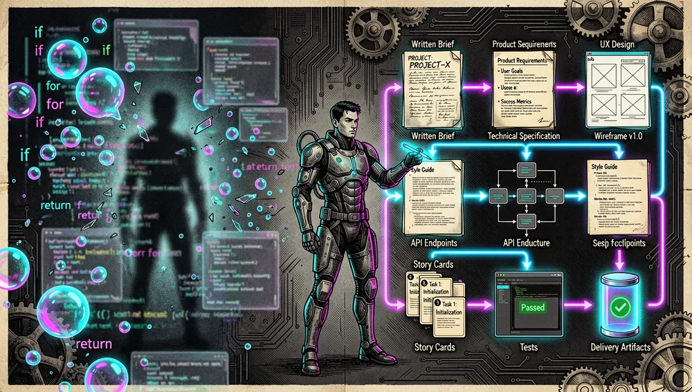 Ein dramatisches Cyberpunk-Kontrastbild, das unkontrolliertes „Vibe Coding" mit dem strukturierten BMAD-METHOD-Ansatz vergleicht, links löst sich ein chaotischer Ausbruch von Neon-Chatblasen, spekulativem Code, vagen Prompts und instabilen Oberflächen in Entropie auf, rechts wird dieselbe Idee in eine klare Pipeline verwandelt: geschriebenes Brief, Produktanforderungen, UX-Design, technische Spezifikation, Architektur, Story-Karten, Tests und Liefer-Artefakte, alle verbunden durch eine stabile Neon-Schleife, der Übergang sollte sich wie Ordnung anfühlen, die aus dem Rauschen entsteht, mit einem Entwickler, der den Prozess durch explizite Dokumente und Agentenrollen leitet, die zentrale Botschaft sollte visuell sein: Annahmen werden zu geschriebenem Kontext, und Code wird zu einem kontrollierten Ergebnis, 8K