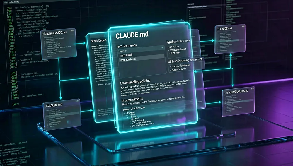 Eine dunkle Cyberpunk-Illustration des Projektgedächtnisses in einer Claude-Code-Konfiguration, zentriert auf ein leuchtendes schwebendes Dokument mit der Bezeichnung CLAUDE.md und einem leuchtenden cyanfarbenen Rand, das Dokument entfaltet sich in geschichtete durchscheinende Seiten, die strukturierte Informationen zeigen: Stack-Details, npm-Befehle, strikte TypeScript-Regeln, Git-Branch-Namenskonventionen, Fehlerbehandlungsrichtlinien, UI-Zustandsmuster und Projektverzeichniskarten, darum schweben drei kleinere Gedächtnisebenen: .claude/CLAUDE.md, ./CLAUDE.md und ~/.claude/CLAUDE.md, verbunden durch Prioritätspfeile, die die Ladereihenfolge anzeigen, der Hintergrund ist ein elegantes Terminalraster mit schwachem Monospace-Text, Klammersymbolen und subtilen Neon-Reflexionen auf einer dunklen Glasoberfläche, die Stimmung ist präzise und autoritativ, wie eine intelligente Projektverfassung, mit elektrisch-blauen und violetten Akzenten, ultra-detailliertem 8K-Rendering, sauberer Cyberpunk/Tech-Ästhetik, volumetrischer Beleuchtung und hochauflösender holografischer UI