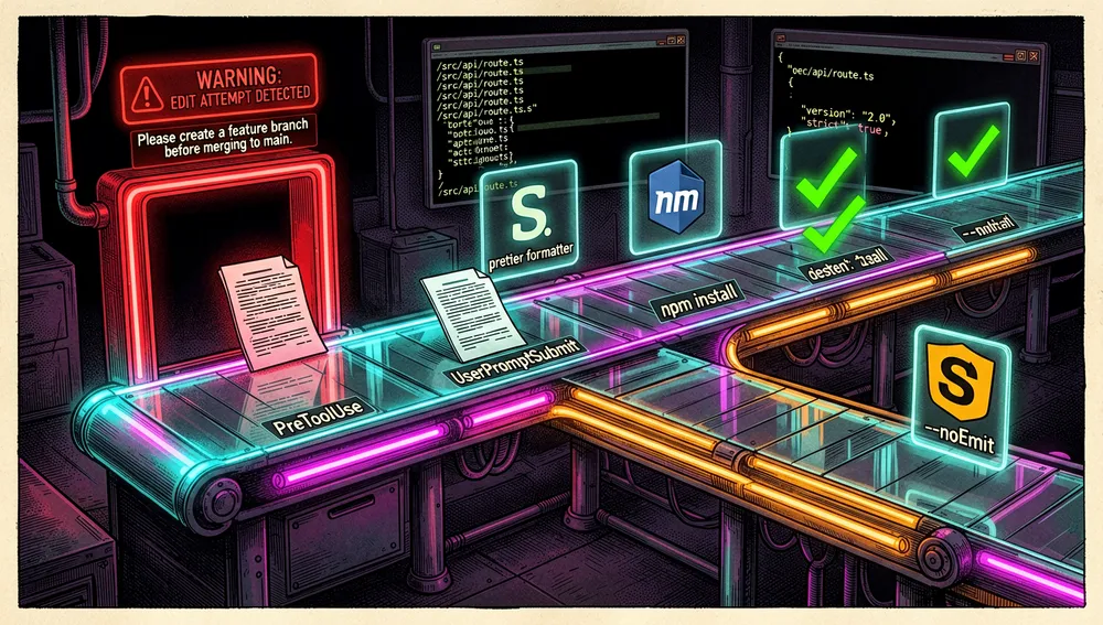 Eine futuristische Automatisierungs-Pipeline, die Claude-Code-Hooks in einem dunklen Cyberpunk-Arbeitsbereich visualisiert, zeigt ein leuchtendes Förderband von Entwickleraktionen, das durch Phasen wandert, beschriftet mit PreToolUse, PostToolUse, UserPromptSubmit und Stop, in der PreToolUse-Phase blockiert ein neonrotes Tor einen Bearbeitungsversuch am main-Branch, zeigt eine Warnplakette und eine Nachricht, die zur Erstellung eines Feature-Branches drängt, in der PostToolUse-Phase verarbeiten vier parallele leuchtende Maschinen Änderungen: ein Prettier-Formatierersymbol, ein npm-Installationspaket, ein Testläufer mit Häkchen, und ein TypeScript-Compiler-Symbol mit --noEmit-Text, Terminalprotokolle scrollen sanft im Hintergrund, mit Regex-Mustern, Dateipfaden und JSON-Konfigurationsfragmenten, die wie Partikel treiben, die Szene verwendet dunklen Modus, Neon-Cyan, Magenta und Bernstein-Akzente, Glaspaneele, schaltkreisartige Pfade, und ultra-detaillierte 8K-Auflösung, vermittelt automatische Qualitätskontrolle und Entwicklersicherheit