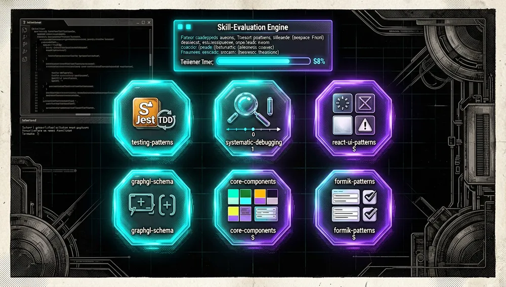 Eine detaillierte dunkle holografische Anzeige wiederverwendbarer Claude-Code-Skills, angeordnet als sechs schwebende sechseckige Karten in einer Cyberpunk-Entwicklerschnittstelle, jede Karte ist beschriftet und mit Icons versehen: testing-patterns mit Jest- und TDD-Symbolen, systematic-debugging mit einer Lupe und Phasen-Zeitleiste, react-ui-patterns mit Icons für Lade-, Fehler-, Leer- und Erfolgszustände, graphql-schema mit Query- und Mutation-Klammern, core-components mit Design-Tokens und Komponentenblöcken, und formik-patterns mit Formularfeldern und Validierungsprüfungen, über den Karten zeigt ein Skill-Bewertungsmaschinen-Panel einen Prompt, der nach Schlüsselwörtern, Regex-Mustern, Dateipfaden, Verzeichnisübereinstimmungen und Absichtssignalen analysiert wird, mit Konfidenzwerten, die in Neon-Balken leuchten, der Hintergrund enthält schwache Code-Editoren, Terminal-Prompts und ein dunkles Raster, mit elektrisch-cyaner und violetter Beleuchtung, glasmorpher Tiefe, ultra-detaillierter 8K-Auflösung, und einer eleganten Cyberpunk/Tech-Ästhetik
