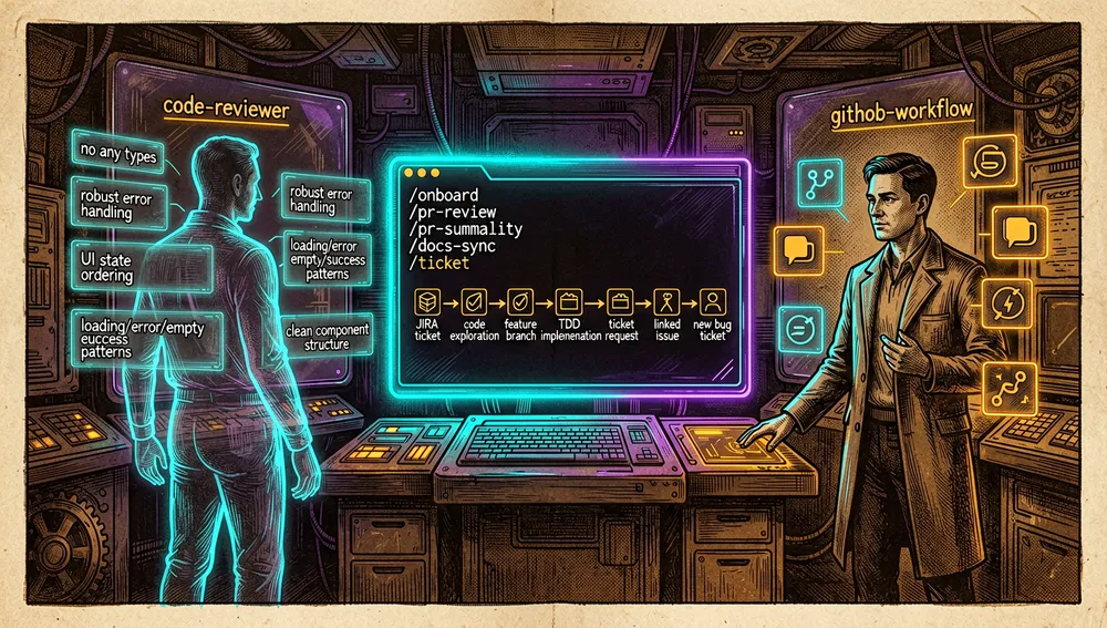 Eine Cyberpunk-Szene, die spezialisierte Claude-Code-Agenten und Slash-Befehle als kollaborative KI-Operatoren in einem dunklen Missionskontrollraum darstellt, links erscheint ein code-reviewer-Agent als elegante durchscheinende humanoide Silhouette mit einem Checklisten-Hologramm: keine any-Typen, robuste Fehlerbehandlung, UI-Zustandsreihenfolge, Lade-/Fehler-/Leer-/Erfolgsmuster, und saubere Komponentenstruktur, rechts verwaltet ein github-workflow-Agent Git-Operationen mit schwebenden Branch-Icons, Commit-Symbolen, Pull-Request-Karten und Merge-Toren, in der Mitte zeigt eine leuchtende Slash-Befehl-Konsole /onboard, /pr-review, /pr-summary, /code-quality, /docs-sync und /ticket, der /ticket-Befehl wird als End-zu-End-Orchestrierungsablauf hervorgehoben: JIRA-Ticket zu Code-Erkundung zu Feature-Branch zu TDD-Implementierung zu Ticket-Aktualisierung zu Pull-Request zu verknüpftem Issue zu neuem Bug-Ticket, das Visual verwendet Neon-Cyan, tiefes Violett und Warn-Bernstein-Akzente, dunkle Glaspaneele, Terminal-Typografie, ultra-detailliertes 8K-Rendering, und eine polierte Cyberpunk/Tech-Ästhetik
