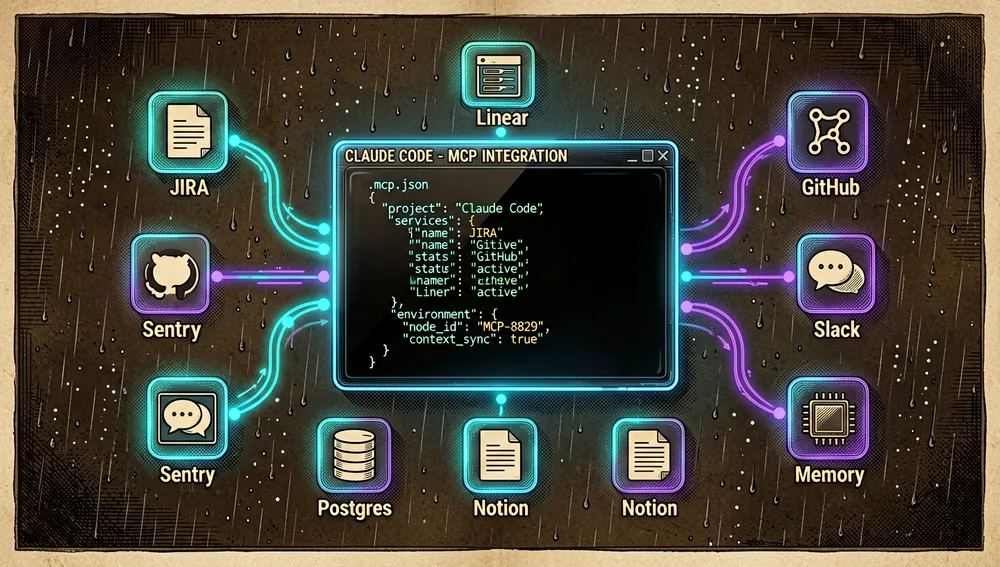 Eine dunkle Cyberpunk-Visualisierung von MCP-Server-Integrationen für ein Claude-Code-Projekt, zeigt ein zentrales Terminal, verbunden durch leuchtende Datenströme mit acht schwebenden Dienstknoten, beschriftet mit JIRA, GitHub, Linear, Sentry, Postgres, Slack, Notion und Memory, jeder Knoten hat ein eigenes holografisches Symbol: Ticket-Icons, Repository-Graphen, Projekttafeln, Fehlerverfolgungs-Panels, Datenbankzylinder, Chat-Blasen, Dokumentseiten und Langzeitgedächtniskerne, die Verbindungen pulsieren mit cyanem und violettem Licht, was Echtzeit-Kontextaustausch andeutet, im Hintergrund zeigt ein Konfigurationspanel .mcp.json mit JSON-Klammern, Servereinträgen und Umgebungsvariablen, die Szene fühlt sich an wie eine erweiterte Intelligenzschicht des Entwicklers, mit dunklen Glasoberflächen, subtilen regenähnlichen Code-Partikeln, Neon-Randbeleuchtung, ultra-detaillierter 8K-Auflösung, und einer sauberen Cyberpunk/Tech-Ästhetik