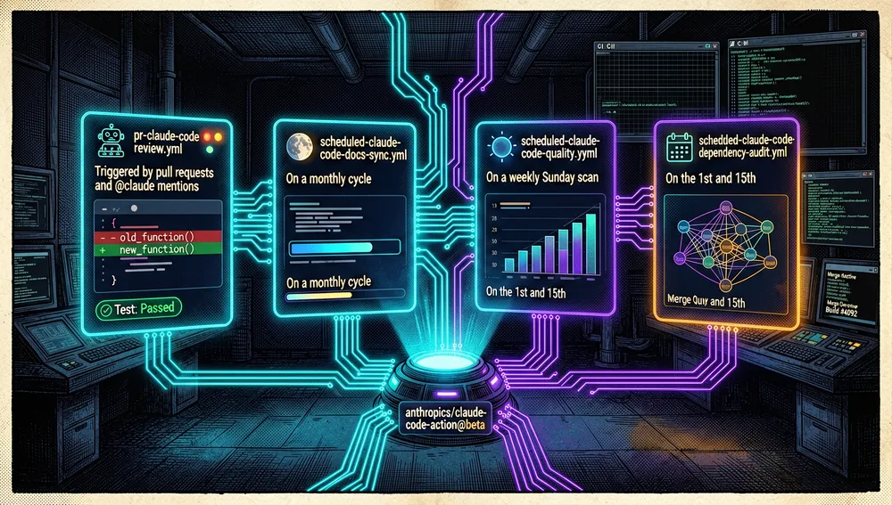 Ein futuristischer GitHub-Actions-Kontrollraum im dunklen Cyberpunk-Stil, der vier geplante und ereignisgesteuerte Claude-Code-Workflows darstellt, vier große holografische Workflow-Karten schweben in einer Reihe: pr-claude-code-review.yml ausgelöst durch Pull Requests und @claude-Erwähnungen, scheduled-claude-code-docs-sync.yml in einem monatlichen Zyklus, scheduled-claude-code-quality.yml in einem wöchentlichen Sonntagsscan, und scheduled-claude-code-dependency-audit.yml am 1. und 15., jede Karte zeigt eine kleine Roboter-Pipeline, Statuslichter, Kalendersymbole, Code-Diff-Fragmente, Abhängigkeitsgraphen und Testverifizierungs-Plaketten, ein zentraler Aktions-Runner beschriftet mit anthropics/claude-code-action@beta verbindet sich mit den Workflows, mit einer Modellplakette, die claude-opus-4-5-20251101 liest, der Hintergrund enthält dunkle Terminalraster, CI-Protokolle, Merge-Warteschlangen, und Neon-Schaltkreispfade, gerendert mit elektrisch-cyanen, violetten und bernsteinfarbenen Akzenten, ultra-detaillierter 8K-Auflösung, und einer eleganten Cyberpunk/Tech-Ästhetik