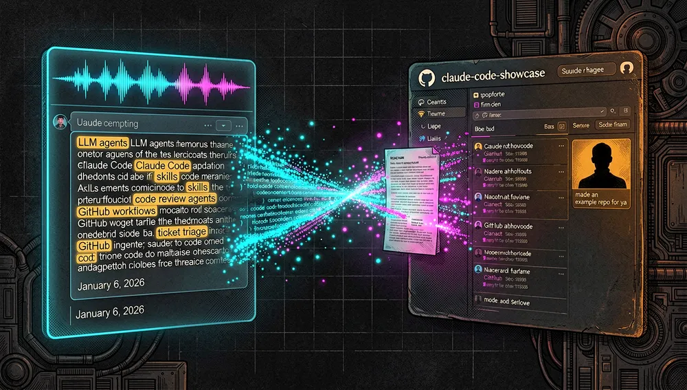 Eine kinematografische dunkle Cyberpunk-Ursprungsszene, die einen Hacker-News-Kommentar zeigt, der sich in ein GitHub-Repository verwandelt, in einem cyberpunk-artigen Informationsraum, links zeigt ein leuchtendes Kommentar-Thread-Panel einen langen Textblock mit hervorgehobenen Sätzen über LLM-Agenten, Claude Code, Skills, Code-Review-Agenten, GitHub-Workflows und Ticket-Triage, eine Sprache-zu-Text-Wellenform pulsiert darüber, was andeutet, dass der Kommentar diktiert und von einer KI umformuliert wurde, rechts kristallisiert sich der Kommentar zu einer Repository-Oberfläche mit dem Namen claude-code-showcase, mit Commit-Historie, einer Silhouette eines einzelnen Beitragenden, einer Datumsmarkierung für den 6. Januar 2026, und einer kleinen Bearbeitungsnotiz: made an example repo for ya, zwischen dem Kommentar und dem Repository verbindet sie eine Brücke aus Neon-Code-Partikeln, Git-Commits und README-Fragmenten, die Szene verwendet dunkle Obsidian-Töne, Neon-Cyan, Magenta und warmen Bernstein, mit volumetrischem Glühen, Glaspaneelen, ultra-detaillierter 8K-Auflösung, und einer polierten Cyberpunk/Tech-Ästhetik