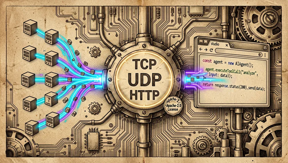 Eine Illustration im dunklen Modus im Cyberpunk-Stil der MCP-Server-Architektur, zeigt einen zentralen leuchtenden Hub, beschriftet mit abstrakten Protokoll-Glyphen, der einen Strom von KI-Codierungsagenten-Clients links mit einem Browserfenster im Chrome-Stil rechts verbindet, der Verbindungspfad wird als Neon-stdio-Rohr mit sich bewegenden Datenpaketen gerendert, der Server-Hub zeigt TypeScript-Codefragmente, ein Apache-2.0-Lizenzabzeichen als subtiles Emblem, und Werkzeugaufruf-Endpunkte, die Szene ist komponiert wie ein technischer Bauplan verschmolzen mit einer Neon-Schaltplatine, mit cyanfarbenen und violetten Glüheffekten, durchscheinenden Panels, präzisen vektorartigen Details, und Auflösung 8K