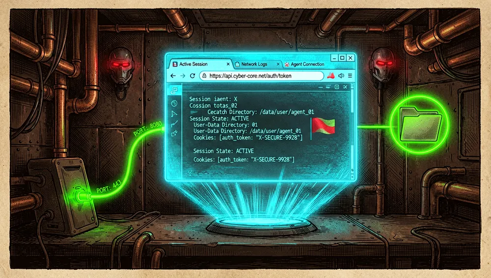 Eine düster gestimmte Cyberpunk-Szene im dunklen Modus, die einen Codierungsagenten darstellt, der sich mit einer bereits laufenden Chrome-Browsersitzung verbindet, das Browserfenster wird mit aktiven Tabs, Cookies, Authentifizierungstoken, und einem sichtbaren Sitzungszustand gezeigt, ein leuchtendes Verbindungskabel, beschriftet mit abstrakten Portnummern und einem browser-url-Flag-Symbol, verbindet den Agenten mit dem Browser, die Umgebung deutet auf eine Entwicklerarbeitsstation mit Headless-Modus-Indikatoren, isolierten Sitzungsindikatoren, und einem Benutzerdatenverzeichnis hin, dargestellt als Neon-Ordner, der visuelle Stil ist futuristisch, sauber, und technisch, mit blauen und grünen Neon-Akzenten, holografischen Überlagerungen, und ultra-detailliertem 8K-Rendering