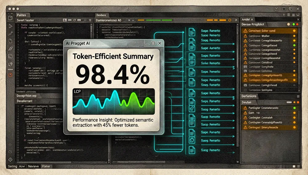 Ein konzeptionelles Bild im dunklen Modus im Cyberpunk-Stil über token-effizientes Browser-Feedback, zeigt einen KI-Agenten, der eine kompakte semantische Zusammenfassungskarte anstelle einer Flut von rohem JSON erhält, die Zusammenfassungskarte zeigt einen großen Metrikwert, eine kleine LCP-Wellenform, und eine prägnante Performance-Einsicht, während dahinter ein chaotischer Strom roher Browserdaten zu ordentlichen Datenwirbelsäulen und Dateireferenzen komprimiert wird, die Komposition kontrastiert Informationsüberflutung mit strukturierter Klarheit, mit Neon-Grün für effiziente Zusammenfassungen, Bernstein für Warnungen, und Cyan für rohe Traces, der Hintergrund ist ein dunkles Entwicklerdashboard mit abstrakten DevTools-Panels, ultra-detailliert, kinematografisch, und Auflösung 8K