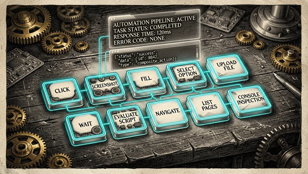 Ein präzises Visual im dunklen Modus im Cyberpunk-Stil komponierbarer Browser-Automatisierungswerkzeuge, angeordnet als leuchtende modulare Kacheln auf einer Entwickler-Werkbank, jede Kachel repräsentiert eine kleine deterministische Aktion wie click, screenshot, fill, select option, upload file, wait, evaluate script, navigate, list pages, und Konsoleninspektion, die Kacheln sind durch dünne Neon-Drähte in einer sauberen Pipeline verbunden, die Szene betont Einfachheit und Komposition statt magischer Knöpfe, mit subtilen menschenlesbaren Zusammenfassungen und maschinenlesbaren strukturierten Ausgaben, gezeigt als duale holografische Schichten, die Ästhetik ist sauber, technisch, und mit Neon-Akzenten, mit tiefschwarzen Oberflächen, cyanfarbenen Konturen, und 8K-Detail