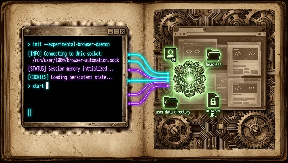 Eine Illustration im dunklen Modus im Cyberpunk-Stil eines experimentellen CLI-Dienstes für Browser-Automatisierung, zeigt ein Kommandozeilen-Terminal mit abstrakten Befehlsglyphen für start, stop, und status, verbunden durch UNIX-Socket- und Named-Pipe-Pfade mit einem Hintergrunddienstprozess und einem Headless-Browserfenster, der Dienst wird als kleiner leuchtender Kern mit persistentem Zustand, Cookies, offenen Seiten, und wiederverwendbarem Sitzungsgedächtnis visualisiert, die Szene enthält subtile Flags wie headless, Benutzerdatenverzeichnis, und Browser-URL als Neon-Icons, die Gesamtstimmung ist entwicklerorientiert, präzise, und futuristisch, mit cyanfarbenen, violetten, und grünen Neon-Akzenten und 8K-Ultra-Detail