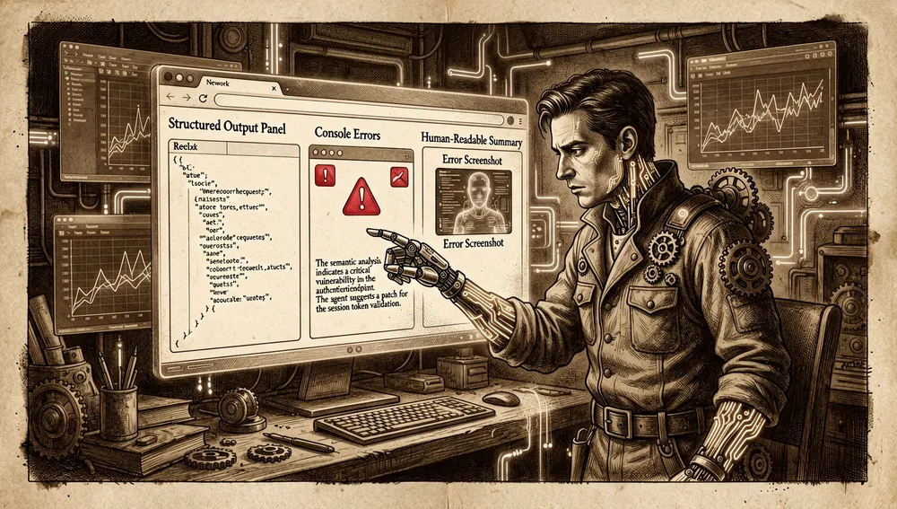 Eine Szene der Mensch-Agent-Zusammenarbeit in einem Entwicklerstudio im Cyberpunk-Stil im dunklen Modus, in der ein menschlicher Entwickler und ein KI-Codierungsagent gemeinsam eine Browserseite inspizieren, der Browser zeigt ein strukturiertes Ausgabepanel und ein menschenlesbares Zusammenfassungspanel nebeneinander, der Agent zeigt auf eine Netzwerkanfrage, einen Konsolenfehler, und einen Screenshot, während der Mensch das semantische Ergebnis überprüft, die Umgebung ist gefüllt mit schwebenden DevTools-Panels, Performance-Grafiken, und Neon-Feedback-Schleifen, betont Vertrauen, Lesbarkeit, und geteilten Kontext, der visuelle Stil ist kinematografisch, präzise, und futuristisch, mit Neon-Akzenten, durchscheinenden Glasoberflächen, und ultra-detailliertem 8K-Rendering