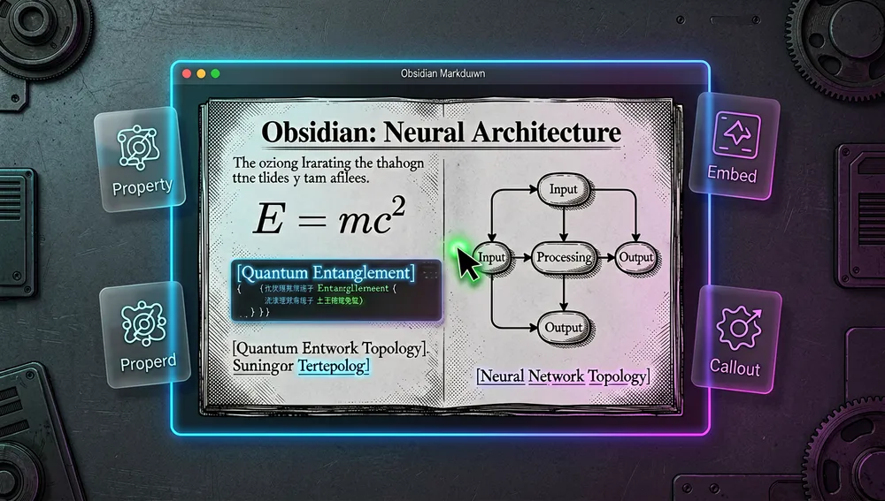 Un primer plano detallado de un archivo de habilidad Obsidian Markdown brillando dentro de un espacio de trabajo digital oscuro, mostrando un documento .md translúcido con wikilinks, incrustaciones, callouts, propiedades, comentarios, resaltados, fórmulas LaTeX, diagramas Mermaid, y pies de página resaltados representados como elegantes símbolos neón, un pequeño cursor de agente de IA corrigiendo cuidadosamente la sintaxis, rodeado de tarjetas de referencia flotantes etiquetadas con iconos abstractos de propiedad, incrustación, y callout, la imagen transmite escritura de notas precisa y humana dentro de Obsidian, modo oscuro, estética cyberpunk/tech, acentos neón, ultra-detallado, resolución 8K