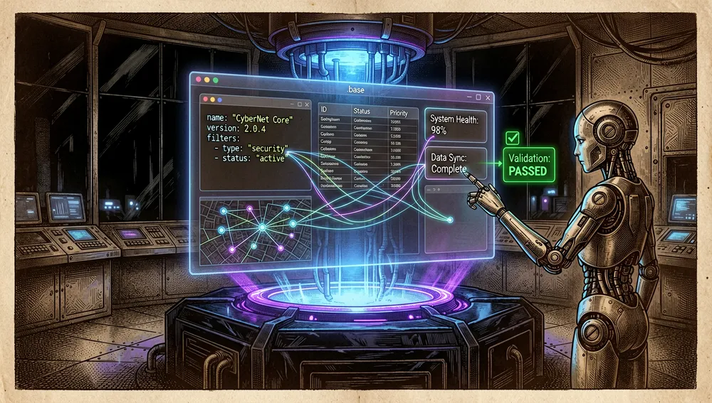 Una visualización ultra-detallada de una habilidad Obsidian Bases como un motor de datos YAML brillante dentro de una sala de control cyberpunk oscura, un archivo .base central muestra filtros, fórmulas, resúmenes, y múltiples vistas estructurados incluyendo table, cards, list, y map, cada vista renderizada como un panel neón translúcido con pequeñas filas de datos, líneas de relación, y marcas de verificación de validación, un agente de IA inspecciona el esquema YAML y confirma que las vistas se resuelven correctamente, con iluminación geométrica limpia y superficies de vidrio negro reflectantes, modo oscuro, estética cyberpunk/tech, acentos neón, ultra-detallado, resolución 8K
