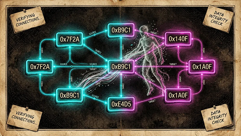 Un diagrama cyberpunk dramático de una habilidad JSON Canvas, mostrando un lienzo oscuro lleno de nodos rectangulares brillantes conectados por aristas neón precisas, cada nodo contiene un ID hexadecimal simbólico, y cada arista lleva pequeños marcadores de anclaje para los lados de origen y destino, un agente de IA traza conexiones para verificar que cada referencia de nodo se resuelve a un objeto existente, la composición se asemeja a una placa de circuito neuronal hecha de vidrio, estelas de luz, y notas de Obsidian en miniatura, con una sensación de pensamiento espacial estructurado, modo oscuro, estética cyberpunk/tech, acentos neón, ultra-detallado, resolución 8K