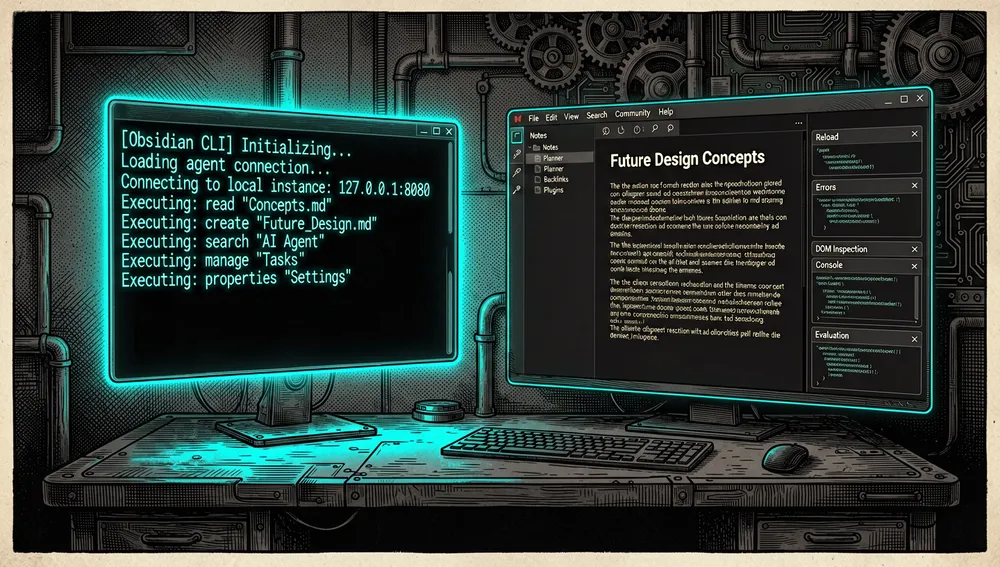 Una escena de alta tecnología mostrando una habilidad Obsidian CLI como un puente de comando brillante entre un agente de IA y una aplicación Obsidian en ejecución, una ventana de terminal oscura emite luz cian mientras emite comandos simbólicos para leer, crear, buscar, gestionar notas, tareas, y propiedades, a su lado una interfaz de aplicación Obsidian estilizada muestra notas, plugins, temas, y herramientas de desarrollador como reload, errors, screenshot, inspección DOM, console, y paneles de evaluación, la imagen transmite control programático preciso y flujo de trabajo de desarrollo seguro, modo oscuro, estética cyberpunk/tech, acentos neón, ultra-detallado, resolución 8K