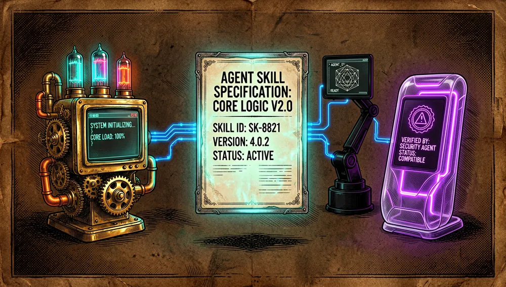 Una imagen conceptual de compatibilidad multi-agente, mostrando un único documento brillante de especificación Agent Skills en el centro, con tres terminales de agentes de IA distintos a su alrededor, cada terminal con estilo diferente pero conectándose a la misma carpeta de habilidades, los agentes están representados por interfaces robóticas abstractas en lugar de logotipos, con ventanas de código simbólicas, prompts de comando, e insignias de verificación, la composición enfatiza portabilidad, estandarización, y archivos de habilidades reutilizables que funcionan entre diferentes agentes de codificación, modo oscuro, estética cyberpunk/tech, acentos neón, ultra-detallado, resolución 8K