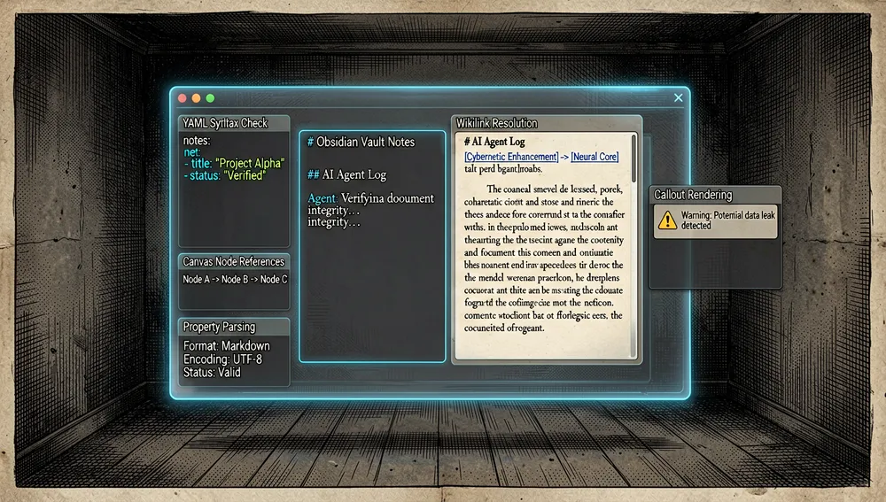 Una escena de verificación detallada dentro de una oscura bóveda de Obsidian, donde un agente de IA revisa notas generadas antes de guardarlas, con paneles de validación flotantes mostrando comprobaciones de sintaxis YAML, resolución de wikilinks, referencias de nodos de canvas, renderizado de callouts, análisis de propiedades, y vista previa de lectura, una nota translúcida muestra tanto Markdown crudo como salida renderizada lado a lado, con sutiles resplandores de advertencia y éxito, la imagen comunica precisión, seguridad, y formateo de calidad humana, modo oscuro, estética cyberpunk/tech, acentos neón, ultra-detallado, resolución 8K