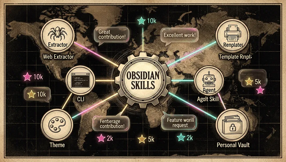 Una expansiva constelación de ecosistema inspirada en el repositorio Obsidian Skills, mostrando una carpeta de repositorio central brillante conectada a proyectos compañeros y packs comunitarios, cada nodo representa una herramienta como un extractor web, renderizador de plantillas, tema, esquema de color, bóveda personal, CLI, o pack de habilidades de agente, con tenues burbujas de discusión estilo Hacker News y métricas en forma de estrella renderizadas como iconos de luz abstractos, el fondo es un mapa cyberpunk oscuro de repositorios, pull requests, y archivos de formato abierto, transmitiendo un ecosistema creciente respaldado oficial y comunitariamente, modo oscuro, estética cyberpunk/tech, acentos neón, ultra-detallado, resolución 8K
