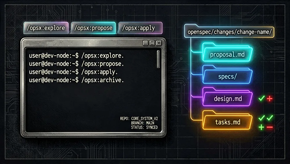 Una detallada escena de terminal en modo oscuro mostrando un asistente de codificación de IA interactuando con un flujo de trabajo de especificación, una interfaz de línea de comandos elegante muestra comandos como /opsx:explore, /opsx:propose, /opsx:apply, /opsx:sync, y /opsx:archive en texto monoespaciado nítido, a la derecha, una carpeta de proyecto generada se despliega en un árbol holográfico: openspec/changes/change-name/ contiene proposal.md, specs/, design.md, y tasks.md, cada archivo brilla con un acento neón diferente: proposal en cian, specs en azul, design en violeta, tasks en ámbar, pequeñas marcas de verificación holográficas y marcadores de diff aparecen junto a los elementos de tarea, el entorno es un espacio de trabajo de desarrollador oscuro con líneas de cuadrícula suaves, pestañas de terminal flotantes, y metadatos de repositorio sutiles, ultra-detallado, resolución 8K, estética cyberpunk/tech, modo oscuro, acentos neón, diseño de interfaz futurista limpio