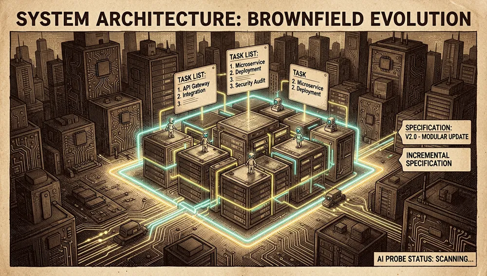 Una escena de arquitectura de software brownfield-first mostrando una base de código legacy existente representada como un denso paisaje urbano oscuro tipo placa de circuito, la mayor parte de la ciudad está apagada, estable, y tenuemente iluminada, pero un distrito específico está resaltado con contornos neón brillantes donde se está planificando un nuevo cambio, flotando sobre el área resaltada hay tarjetas de especificación ligeras, listas de tareas, y notas de diseño, enfatizando que solo se especifican las partes tocadas, pequeñas sondas de asistente de IA inspeccionan los módulos relevantes sin revisar todo el sistema, la composición comunica trabajo de especificación iterativo e incremental dentro de proyectos del mundo real en lugar de perfección greenfield, modo oscuro, estética cyberpunk/tech, ultra-detallado, resolución 8K, acentos neón, profundidad cinematográfica, metáfora visual futurista limpia