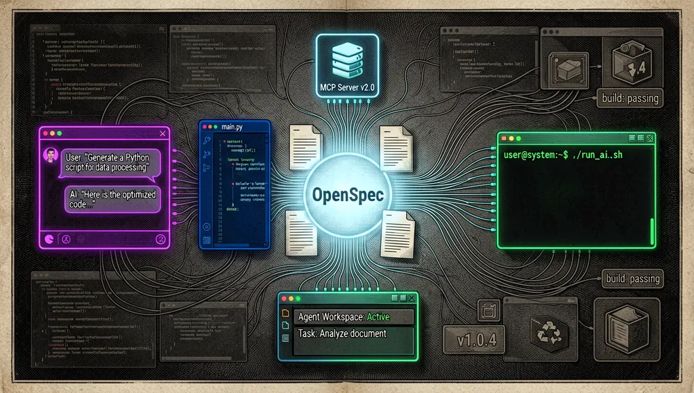 Un visual conceptual de un ecosistema de asistentes de IA neutral en cuanto a herramienta, centrado en un hub de especificaciones compartido, en el medio, un núcleo de especificación brillante al estilo OpenSpec emite documentos estructurados y escenarios de requisitos, a su alrededor, numerosas interfaces de asistentes de codificación de IA orbitan en un espacio oscuro: paneles de chat, barras laterales de IDE, clientes de terminal, servidores de herramientas MCP, plugins de editor, y espacios de trabajo de agentes, cada satélite tiene un color neón distinto pero se conecta a través del mismo contrato central, mostrando compatibilidad entre muchas herramientas en lugar de un entorno cerrado, delgadas líneas de datos conectan el hub con más de 30 iconos de asistentes, representando integración amplia, el fondo incluye fragmentos de código sutiles, paletas de comandos, y insignias de repositorio, ultra-detallado, resolución 8K, modo oscuro, estética cyberpunk/tech, acentos neón, orquestación de alta tecnología, ilustración profesional limpia