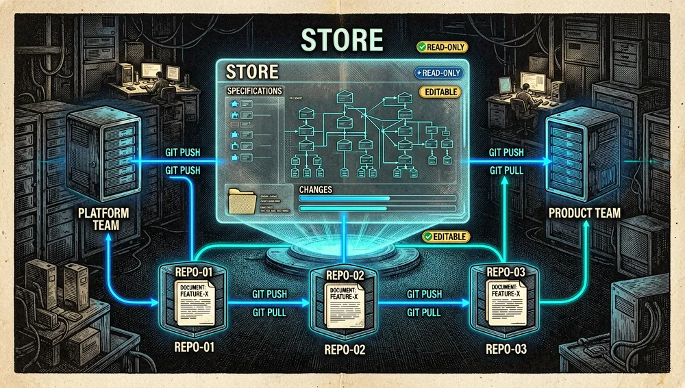 Una ilustración futurista de un repositorio de planificación compartido llamado Store, un holograma de repositorio independiente flota sobre un entorno de desarrollador oscuro, conteniendo solo carpetas specs/ y changes/, sin código fuente de aplicación dentro, múltiples estaciones de trabajo de equipo de producto y nodos de repositorio se conectan al Store a través de líneas brillantes de git push y pull, un escenario muestra una sola función abarcando tres repositorios, con el Store central coordinando el plan, mientras los nodos del equipo de plataforma y del equipo de producto acceden a la misma especificación en modos de solo lectura o editables, el visual es preciso y orientado a sistemas, con grafos de repositorio, líneas de rama, insignias de permisos, y tarjetas de documento sincronizadas, modo oscuro, estética cyberpunk/tech, ultra-detallado, resolución 8K, acentos neón azul y cian, estilo tecnológico editorial limpio