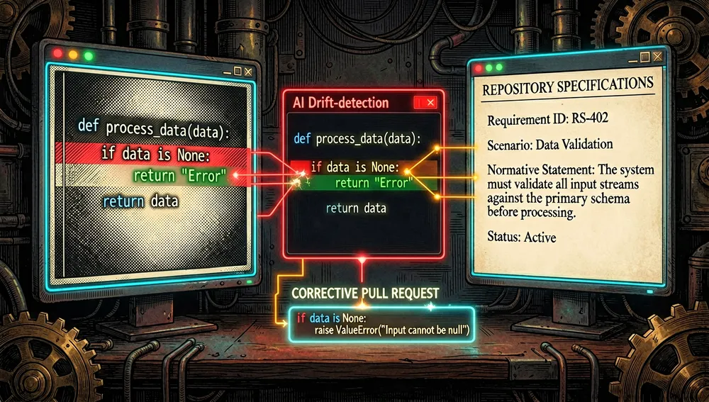 Una sala de control de revisión de código cyberpunk mostrando un agente de nube siempre activo comparando pull requests contra especificaciones de repositorio, a la izquierda, un diff de pull request brilla con líneas de código cambiadas, a la derecha, el documento de especificación correspondiente muestra escenarios de requisitos y declaraciones normativas, en el centro, una interfaz de detección de deriva de IA dibuja líneas de conexión rojas y ámbar brillantes entre el comportamiento del código no coincidente y las expectativas de la spec, resaltando la línea exacta en ambos documentos, un pull request correctivo se genera abajo como una pequeña rama brillante, la atmósfera es vigilante, precisa, y automatizada, como un centinela de aseguramiento de calidad vigilando código y requisitos en tiempo real, modo oscuro, ultra-detallado, resolución 8K, estética cyberpunk/tech, acentos neón, visual de ingeniería de software de alta gama