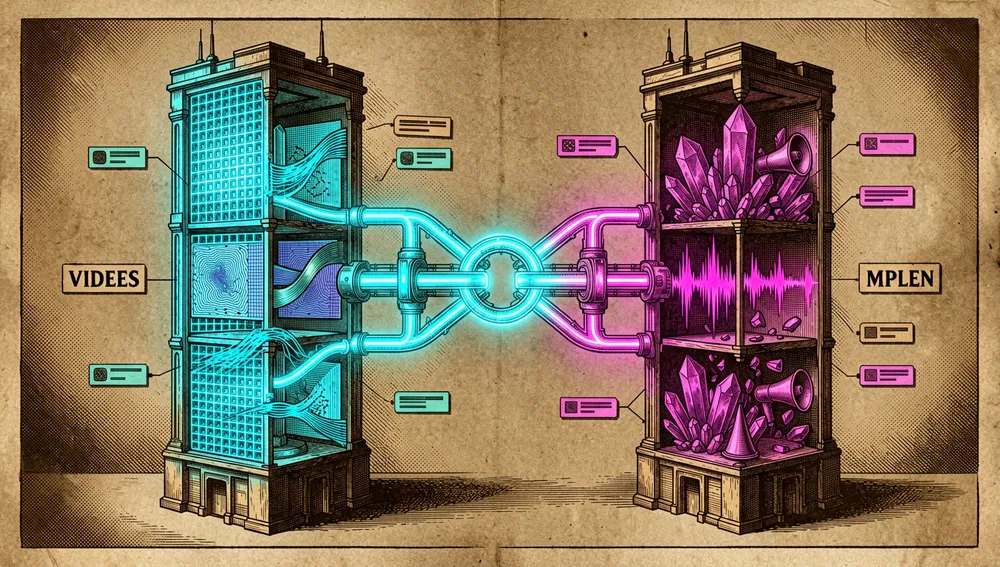 Ein ultra-detaillierter architektonischer Querschnitt eines asymmetrischen Dual-Stream-Diffusion-Transformers, im dunklen Modus im Cyberpunk-Stil, der linke Turm ist ein Videozweig, dargestellt im Maßstab von 14 Milliarden Parametern, dichte cyanfarbene Bildgitter, Tiefenkarten, Normalenkarten, und Bewegungsvektor-Bänder, der rechte Turm ist ein Audiozweig, dargestellt im Maßstab von 5 Milliarden Parametern, magentafarbene Wellenformkristalle, Mel-Spektrogramm-Fragmente, und Lautsprecherkegel, bidirektionale Cross-Attention-Brücken verbinden die Türme mit leuchtenden Ringen zeitlicher Positions-Embeddings und einem gemeinsamen AdaLN-Zeitkonditionierungswähler, schwebende Beschriftungen sind abstrakt, ohne lesbaren Text, dunkler Modus, Cyberpunk/Tech-Ästhetik, Neon-Akzente, ultra-detailliert, 8K-Auflösung
