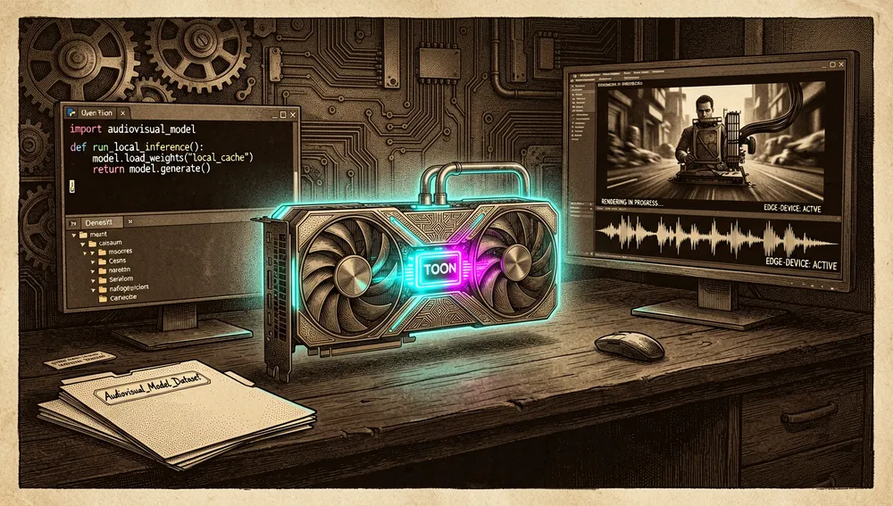 Ein dunkles Entwicklerstudio, in dem eine Consumer-GPU lokale Inferenz für ein audiovisuelles Modell ausführt, die GPU hat einen leuchtenden Kühlkörper, Flüssigkeitskühlungsschleifen, und Neon-VRAM-Anzeigen, auf dem Schreibtisch zeigt ein Python-Terminal abstrakten Code, einen Datensatzordner, einen Pipeline-Graphen, und ein Trainingsprotokoll, ein Monitor zeigt ein generiertes kinematografisches Video mit synchronisierter Audio-Wellenform, Echtzeitvorschau, und Edge-Rendering-Indikatoren statt Cloud-Abhängigkeit, die Szene betont reproduzierbare lokale Ausführung, Privatsphäre, und niedrige Latenz, dunkler Modus, Cyberpunk/Tech-Ästhetik, Neon-Akzente, ultra-detailliert, 8K-Auflösung