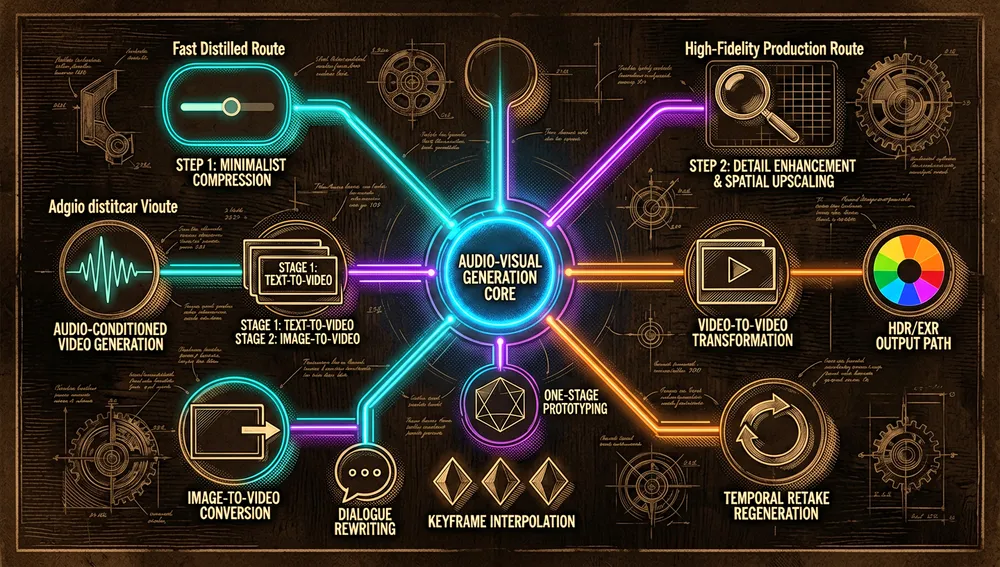 Eine holografische Kontrollraum für audiovisuelle Generierungspipelines, dunkle Cyberpunk-Oberfläche, mehrere leuchtende Routengraphen verzweigen sich von einem zentralen Modellkern: eine schnelle destillierte Route mit minimalen Schritten, eine hochwertige Produktionsroute mit Detailverbesserung und räumlicher Hochskalierung, zweistufige Text-zu-Video- und Bild-zu-Video-Routen, einstufiges Prototyping, Video-zu-Video- und Bild-zu-Video-Transformationen, Keyframe-Interpolation, zeitliche Retake-Regeneration, audiokonditionierte Videogenerierung, Dialog-Neuschreibung, und HDR/EXR-Ausgabepfade, jeder Knoten wird durch abstrakte Icons dargestellt: Filmbilder, Wellenformen, Schieberegler, Hochskalierungspfeile, Keyframe-Diamanten, Retake-Schleifen, Sprechermasken, und Farbräder, dunkler Modus, Cyberpunk/Tech-Ästhetik, Neon-Akzente, ultra-detailliert, 8K-Auflösung