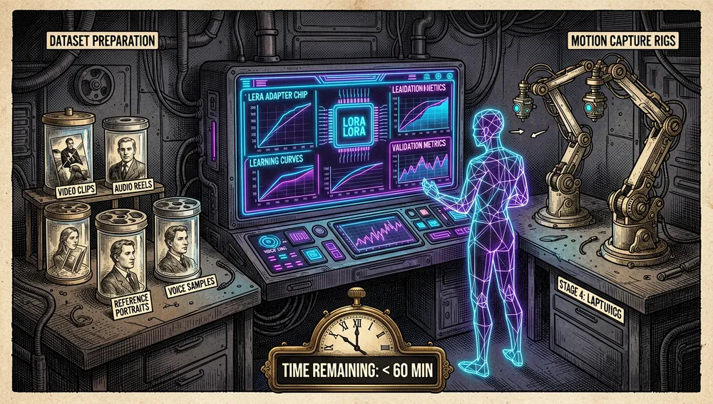 Ein futuristisches Modelltraining-Labor, im dunklen Modus im Cyberpunk-Stil, eine LoRA-Feinabstimmungskonsole zeigt Adapter-Chips, Lernkurven, Validierungsmetriken, und Datensatz-Vorbereitungsstufen, Regale halten Videoclips, Audiorollen, Referenzporträts, Sprachproben, und Motion-Capture-Rigs, ein digitaler Agentenassistent leitet den Arbeitsablauf durch Stufen: Hardware erkunden, Trainingsmodus wählen, Datensatz vorverarbeiten, Training starten, Konvergenz überwachen, betont schnelle Feinabstimmung für Bewegung, Stil, Stimmähnlichkeit, und Erscheinung, mit einem subtilen Timer, der weniger als eine Stunde für viele Anpassungen andeutet, dunkler Modus, Cyberpunk/Tech-Ästhetik, Neon-Akzente, ultra-detailliert, 8K-Auflösung