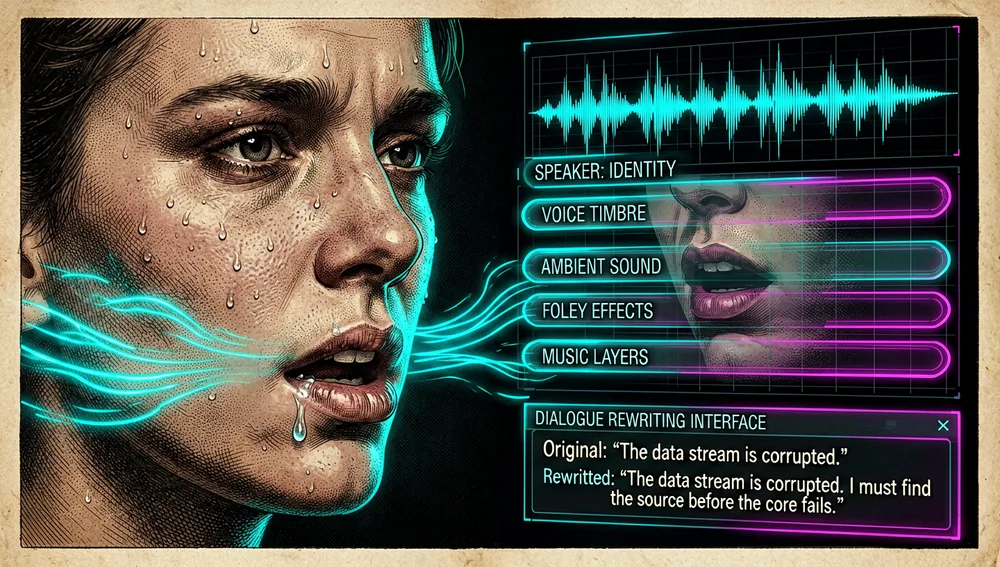 Eine Nahaufnahmeszene synchronisierter audiovisueller Generierung, dunkler Cyberpunk-Stil, das fotorealistische Gesicht eines Charakters wird zusammen mit einer Audio-Wellenform generiert, mit Lippenbewegungen, Atem, und Dialogspitzen, ausgerichtet auf einem zeitlichen Raster, holografische Spuren zeigen Sprecheridentität, Stimmklangfarbe, Umgebungsgeräusch, Foley-Effekte, und Musikschichten, eine Dialog-Neuschreibungsoberfläche bewahrt Lippensynchronisation und Charakteridentität, während der Sprachinhalt geändert wird, Neon-Cyan- und Magenta-Akzente verfolgen die Ausrichtung zwischen Audioereignissen und Videobildern, dunkler Modus, Cyberpunk/Tech-Ästhetik, Neon-Akzente, ultra-detailliert, 8K-Auflösung