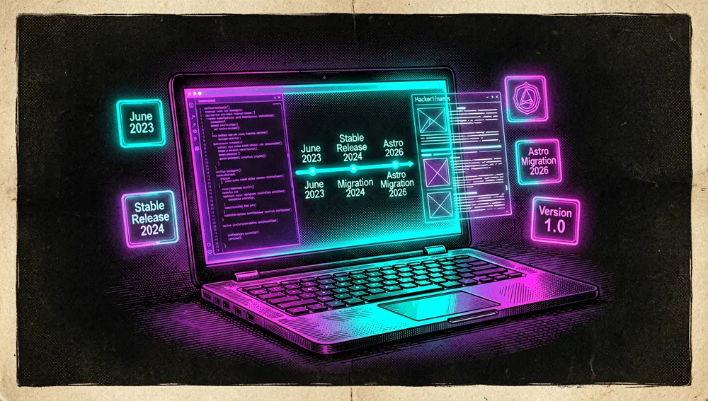 Eine dunkle Cyberpunk-Illustration des Laptops und Terminals eines Entwicklers, die den Ursprung eines Open-Source-Web-Aufklärungsprojekts darstellt, der Bildschirm zeigt abstrakten Code, ein Repository-Aktivitätsdiagramm, Release-Zeitlinienknoten, und einen Hacker-News-artigen Diskussionsthread, gerendert als leuchtende Linien, ohne lesbaren Text, um den Laptop schweben holografische Abzeichen für Juni 2023, stabile Veröffentlichung 2024, Astro-Migration 2026, und Versionskarten, Neon-Cyan-Zeitlinie, violette Code-Schnipsel, magentafarbene Commit-Knoten, tiefschwarzer Hintergrund, dunkler Modus, Cyberpunk/Tech-Ästhetik, Neon-Akzente, ultra-detailliert, 8K-Auflösung