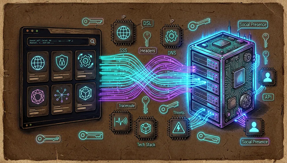 Ein architektonisches Diagramm, gerendert als Neon-Cyberpunk-Datenfluss, links eine Astro-Dashboard-Oberfläche mit einem URL-Suchfeld und einem Kartenraster, rechts ein Express-Node.js-API-Server mit modularen Endpunkt-Chips, dargestellt durch abstrakte Icons für IP, SSL, DNS, Headers, Traceroute, Ports, Tech Stack, Threats, und Social Presence, Datenimpulse reisen zwischen Frontend und Backend durch leuchtende Leitungen, enthält optionale API-Schlüssel-Token als kleine leuchtende Schlüssel und Umgebungsvariablen als schwebende Chips, aber ohne lesbaren Text, Schaltkreise, Serverknoten, und Paketströme leuchten in Cyan und Violett, dunkler Modus, Cyberpunk/Tech-Ästhetik, Neon-Akzente, ultra-detailliert, 8K-Auflösung