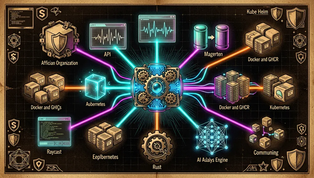 Eine breite Cyberpunk-Konstellation, die ein Open-Source-Ökosystem zeigt, der zentrale Knoten ist ein Web-Aufklärungs-Dashboard; verbundene Zweige führen zu einem offiziellen Organisations-Repository, einer API-Variante, einem Spiegel-Repository, Docker- und GHCR-Container-Images, einem Kubernetes-Deployment-Cluster, einer Raycast-Erweiterung, einer Rust-Neuimplementierung, einer KI-Analyse-Engine, und Community-Neuimplementierungen, Knoten leuchten mit Sternebewertungen als leuchtende Funken, aber ohne lesbare Zahlen oder Text, enthält Schilde, Container, Kubernetes-Steuer, Terminalfenster, und Spiegelpfeile, die Szene sollte sich wie eine lebendige Karte von Forks, Spiegeln, Deployments, und Community-Erweiterungen anfühlen, dunkler Modus, Cyberpunk/Tech-Ästhetik, Neon-Akzente, ultra-detailliert, 8K-Auflösung